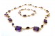 Conjunto de pulseira e colar em ouro com ametistas lapidadas e pérolas 