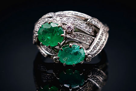Anel em ouro branco com diamantes (19) em talhe brilhante e duas esmeraldas