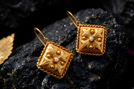 Brincos em ouro com relevos e pérolas no centro.
