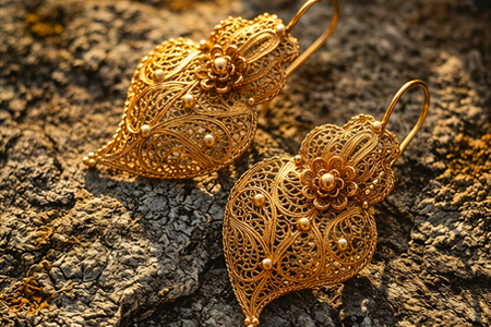 Brincos em ouro filigrana em forma de corações e aplicação de rosinhas.