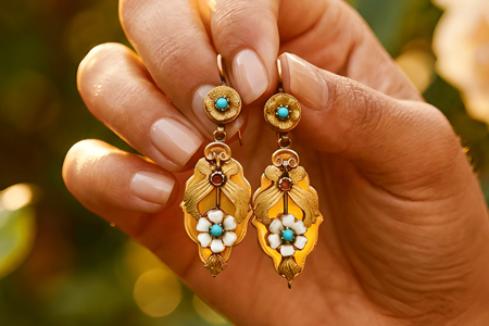 Brincos em ouro amarelo com aplicações de esmalte em flores e turquesas