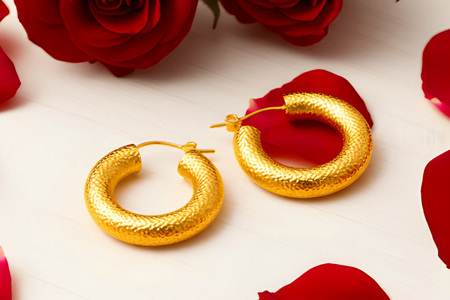 Par de brincos em ouro amarelo picotado em formato de argolas.