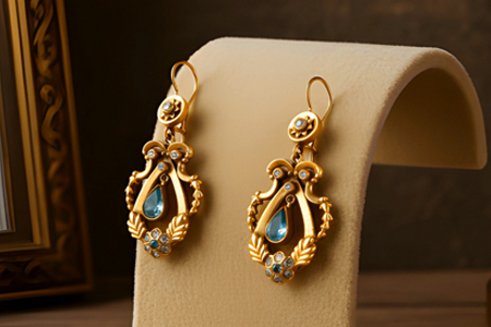 Par de brincos em ouro amarelo com recortes, pingentes articulados e pedras azuis e brancas.