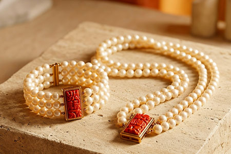 Conjunto de gargantilha e pulseira em ouro amarelo e pérolas de cultura 