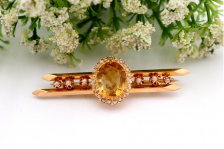 Pregadeira em ouro com pérolas e citrino amarelo lapidado