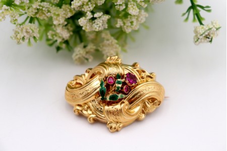 Pregadeira em ouro, ametistas e aplicações de esmalte