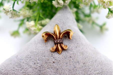 Pregadeira em ouro em forma de flor de lis com lascas de diamantes aplicadas 
