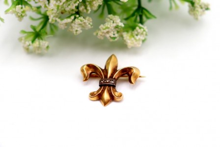 Pregadeira em ouro em forma de flor de lis com lascas de diamantes aplicadas 