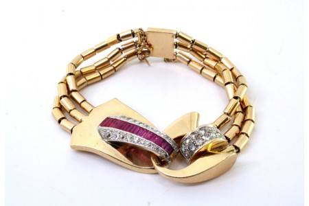 Pulseira em ouro com diamantes em talhe rosa e rubis calibrados