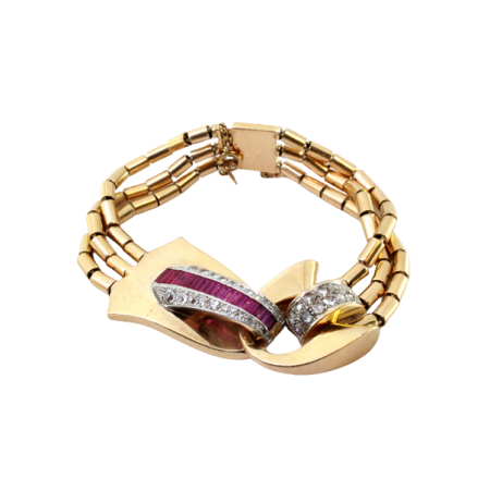 Pulseira em ouro com diamantes em talhe rosa e rubis calibrados, bracelete articulada em forma tubular ao estilo Art Décô.