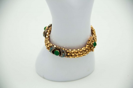 Pulseira em ouro amarelo com esmeraldas em formato cabochão e turquezas