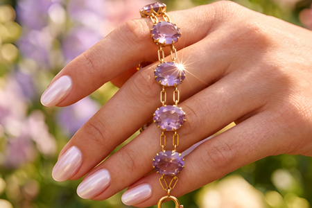 Pulseira de ouro amarelo poliarticulada com pedras roxas