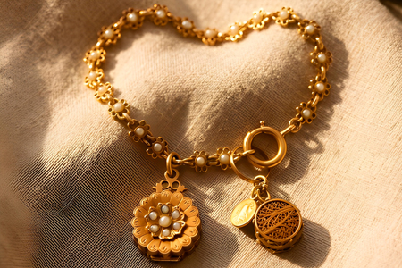 Pulseira de ouro amarelo articulada com pérolas aplicadas em cada elo e medalha 