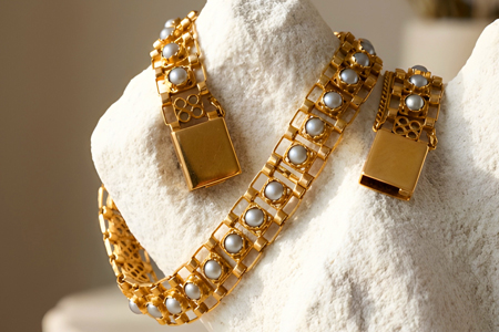 Pulseira articulada em ouro amarelo com pérolas e corrente de segurança