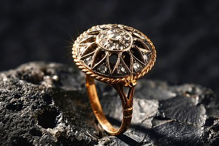 Anel de ouro e prata com diamantes coroados e lascas de diamantes sobre mesa