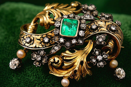 Pregadeira em ouro e prata com diamantes (20), lascas de diamante e esmeralda 
