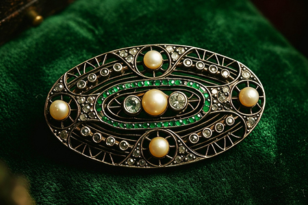 Pregadeira oval de ouro e prata com pérolas, diamantes em talhe brilhante