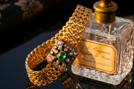 Pulseira de ouro com elos articulados, esmeralda e diamantes aplicados no fecho.