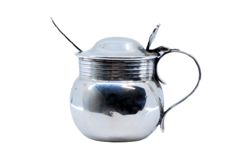 Açucareiro em prata com colher e alma em vidro, período George V.