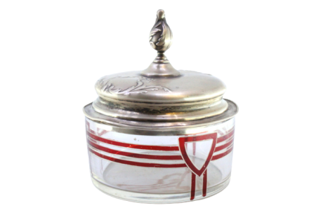 Caixa em vidro pintado com pomo na tampa relevada com gravados.