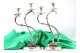  Candelabros em prata de dois lumes com hastes frisadas ao alto sobre folhas 