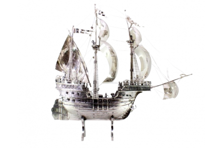 Galeão grande em prata com múltiplas aplicações, velas, mastros, cordas e canhõe