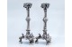 Castiçais em prata com aplicações, fustes com gradinha e assentes em bases sextavadas sobre cisnes relevados.
