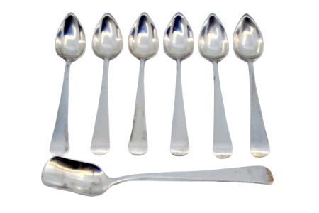 Conjunto de seis colheres de café  em prata e pá de açúcar lisas.