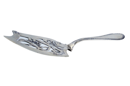 Espátula de serviço de bolo em prata recortada decorada com flores e serpente, cabo frisado.