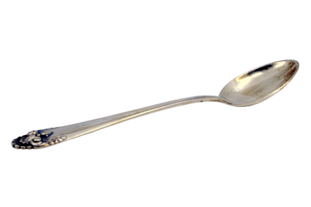 Colher de arroz e de servir em prata concheada no cabo.