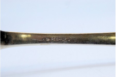 Colher de arroz e servir em prata com frisos ao longo do cabo.