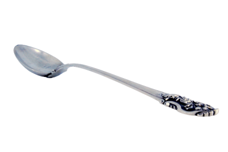 Colher de arroz e de servir em prata com frisos e concha relevada no cabo. 