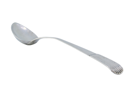 Colher de arroz e de servir em prata lisa e cabo canelado.