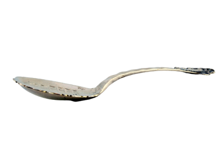 Colher para molhos em prata com motivos florais gravados na concha, cabo ondeado e cartela para monograma.