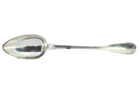 Colher de arroz e servir em prata lisa com friso ao longo do cabo.