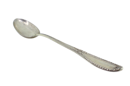 Colher de arroz e servir em prata com frisos ao longo do cabo, relevos perlados com folhas de acanto.