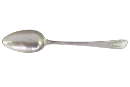 Colher de arroz e de servir em prata com relevos e frisos no cabo.