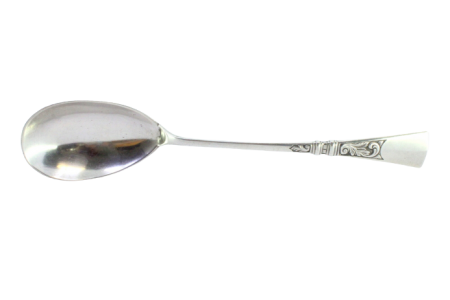 Colher de arroz e servir em prata com relevos e aplicações no cabo.