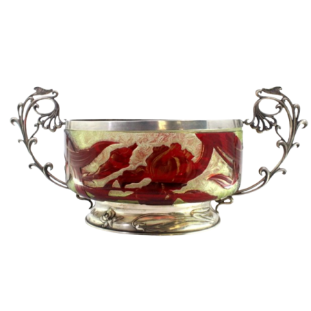 Fruteira com estrutura em prata e alma em vidro bicolor, pegas com aplicações e assente em base circular com relevos.