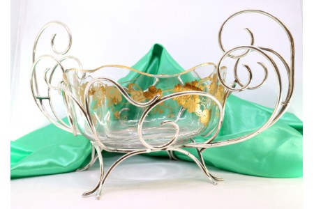  Fruteira centro de mesa em vidro com motivos florais dourados em estrutura 