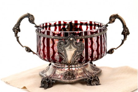 Fruteira centro de mesa com estrutura em prata e alma em vidro bicolor