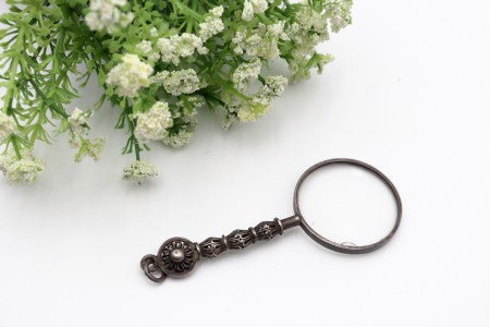 Pequena lupa em prata recortada e argola de suspensão