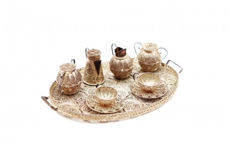 Miniatura de conjunto de chá e café em prata de filigrana com seis peças