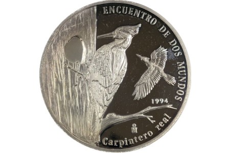 Moeda em prata 10 pesos - Encontro de dois Mundos Ibero-América Pica pau de bico preto