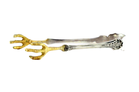 Pinça para gelo em prata em forma de garras de ave em dourado