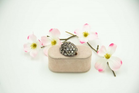 Pregadeira de prata e ouro com strassa aplicados.